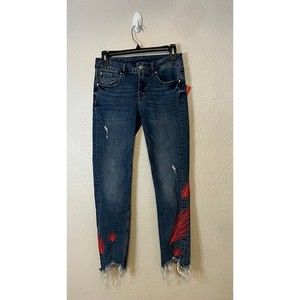 DEX red Feather embroidered raw hem skinny jeans size 27